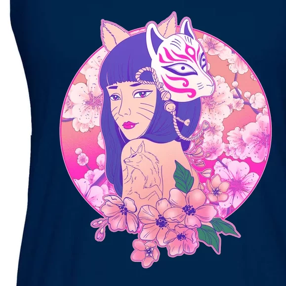 Japanese Cherry Blossoms Kitsune Fox Girl Ladies Essential Flowy Tank