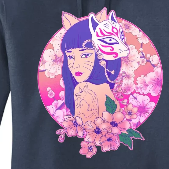 Japanese Cherry Blossoms Kitsune Fox Girl Women's Pullover Hoodie