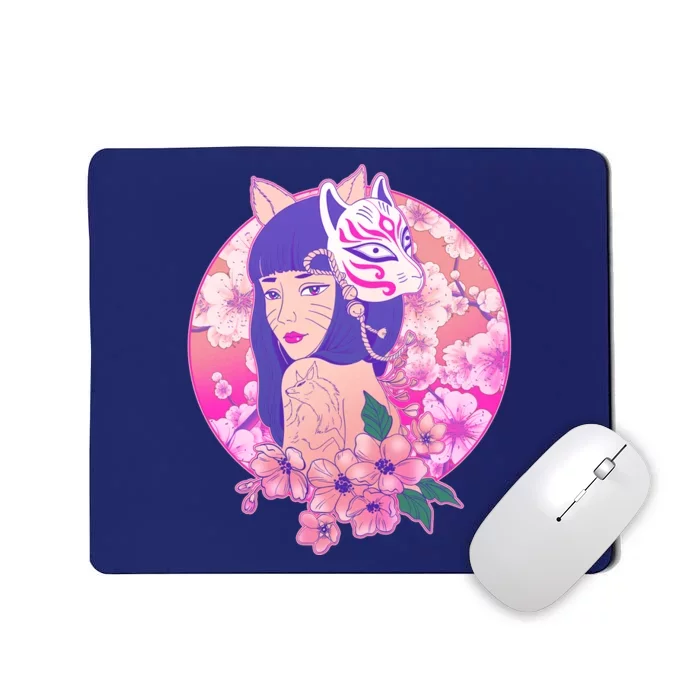 Japanese Cherry Blossoms Kitsune Fox Girl Mousepad