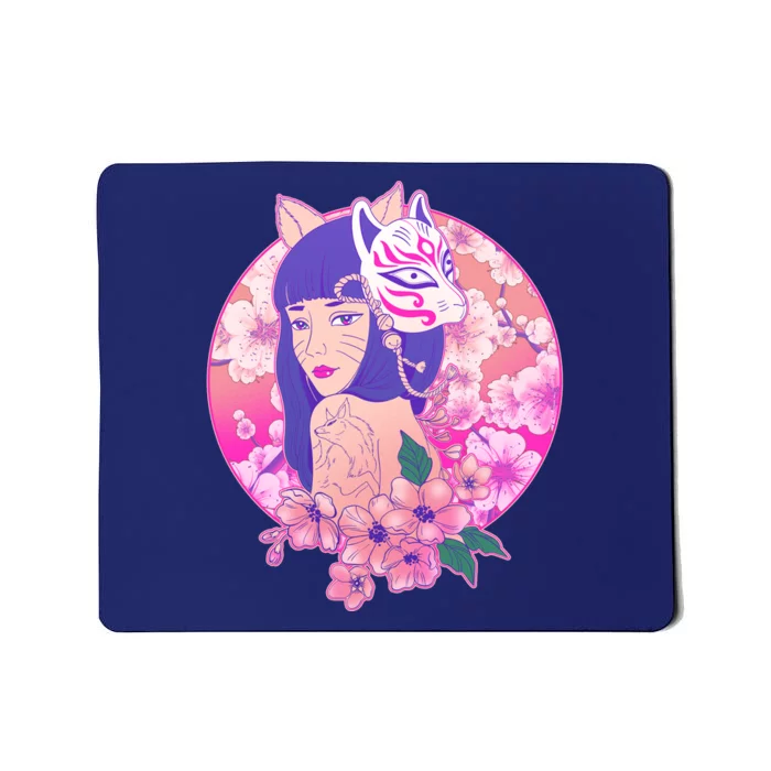 Japanese Cherry Blossoms Kitsune Fox Girl Mousepad