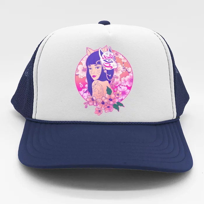 Japanese Cherry Blossoms Kitsune Fox Girl Trucker Hat