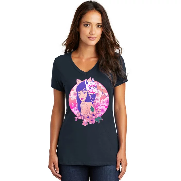 Japanese Cherry Blossoms Kitsune Fox Girl Women's V-Neck T-Shirt