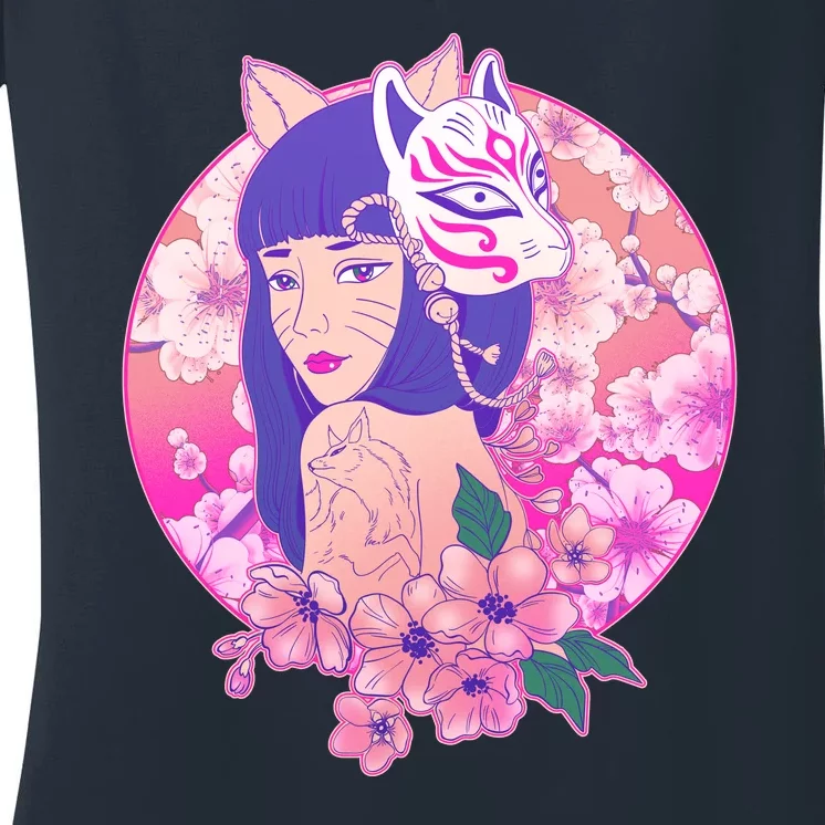 Japanese Cherry Blossoms Kitsune Fox Girl Women's V-Neck T-Shirt