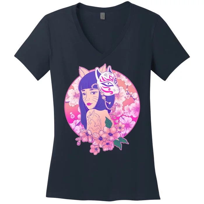 Japanese Cherry Blossoms Kitsune Fox Girl Women's V-Neck T-Shirt