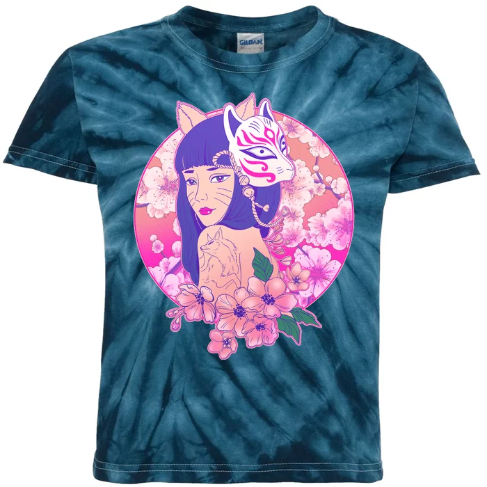 Japanese Cherry Blossoms Kitsune Fox Girl Kids Tie-Dye T-Shirt