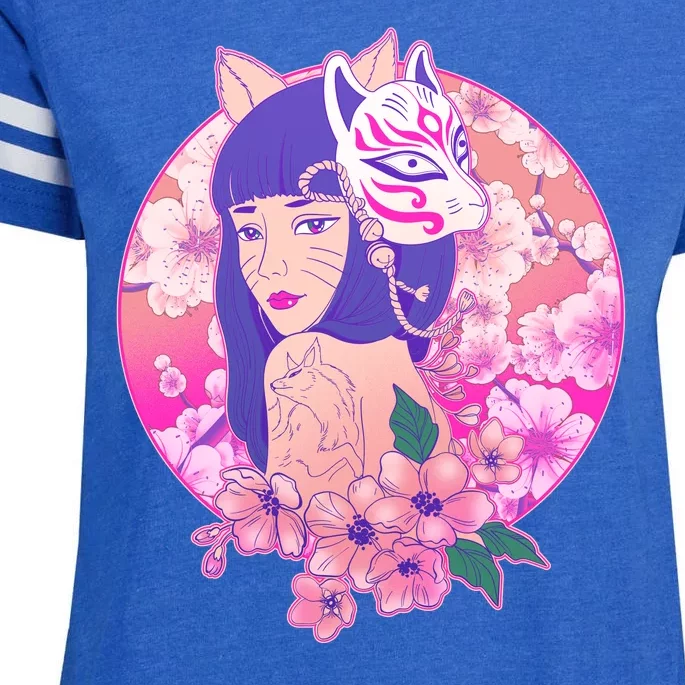 Japanese Cherry Blossoms Kitsune Fox Girl Enza Ladies Jersey Football T-Shirt