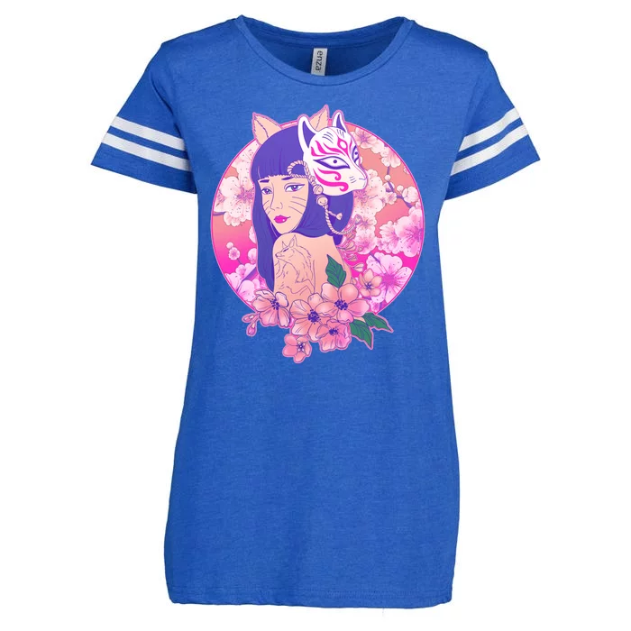 Japanese Cherry Blossoms Kitsune Fox Girl Enza Ladies Jersey Football T-Shirt