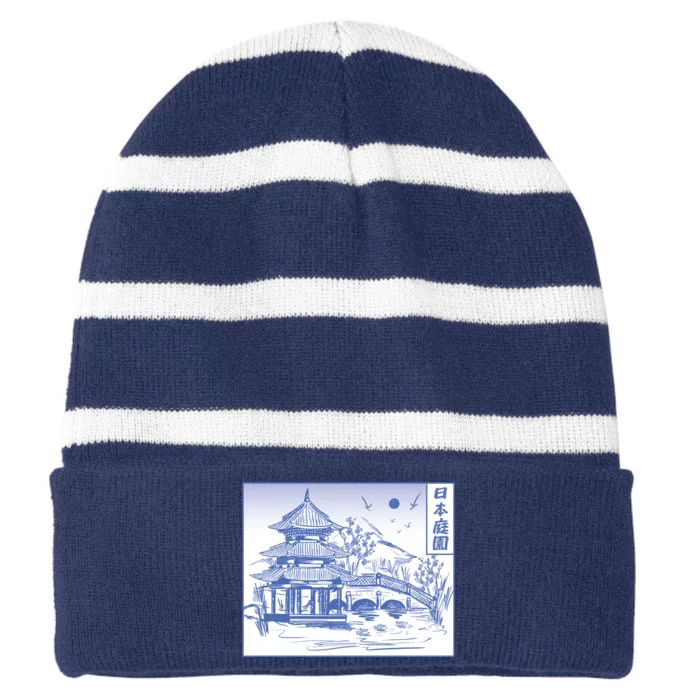 Japanese Garden Art Striped Beanie with Solid Band