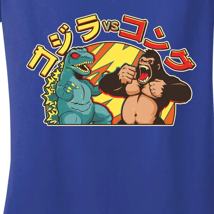 Japanese God-zilla Verse Kong Retro Women's V-Neck T-Shirt