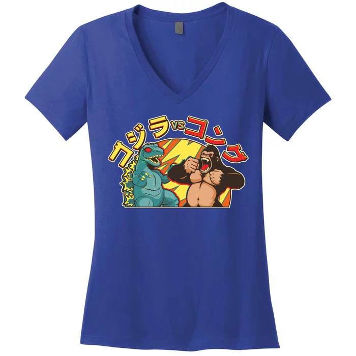 Japanese God-zilla Verse Kong Retro Women's V-Neck T-Shirt