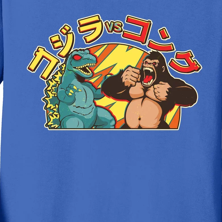 Japanese God-zilla Verse Kong Retro Kids Long Sleeve Shirt