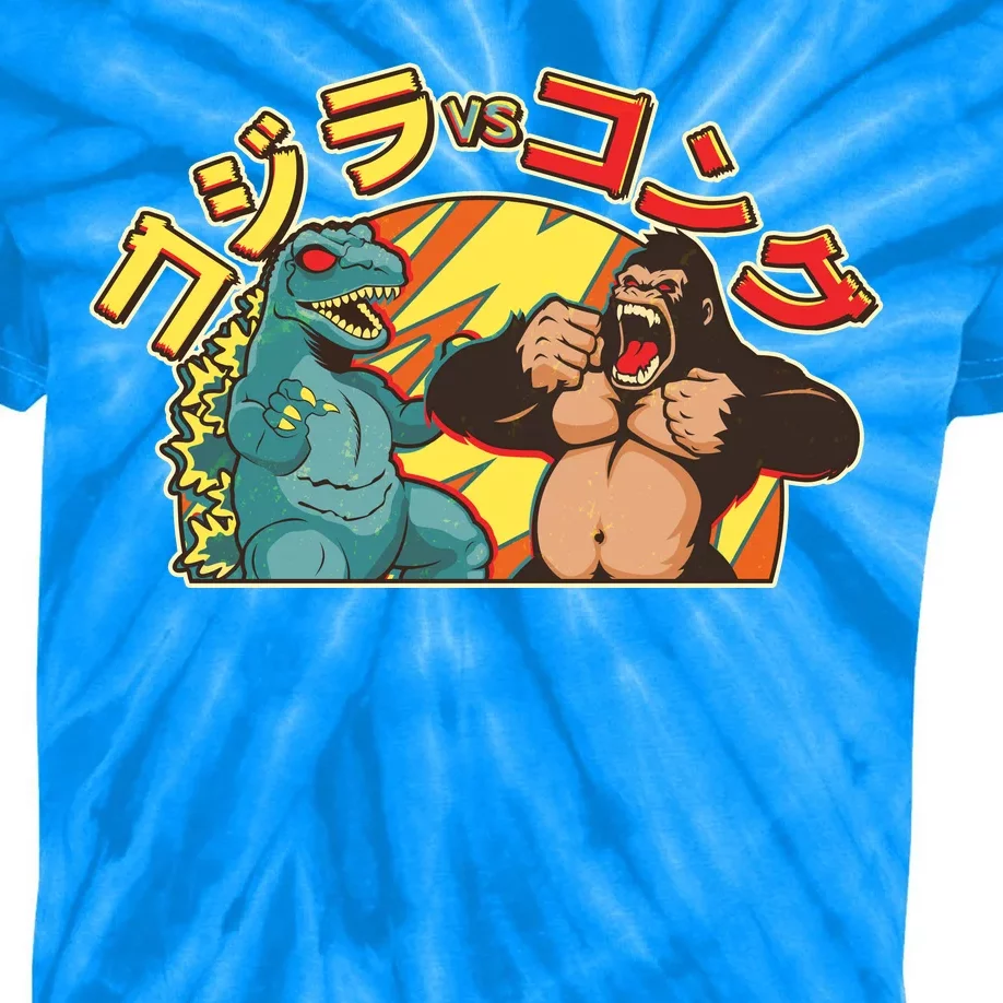 Japanese God-zilla Verse Kong Retro Kids Tie-Dye T-Shirt