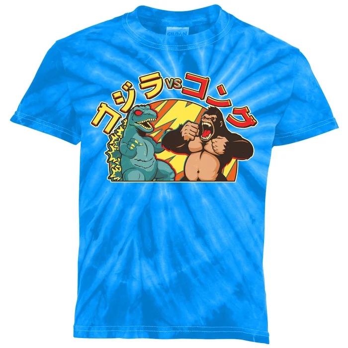 Japanese God-zilla Verse Kong Retro Kids Tie-Dye T-Shirt