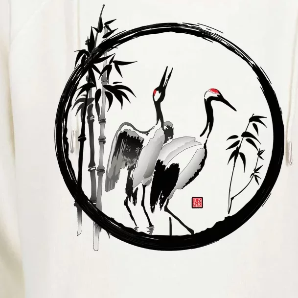 Japanese Ink Painting Cranes Bamboo Birds Womens Funnel Neck Pullover Hood