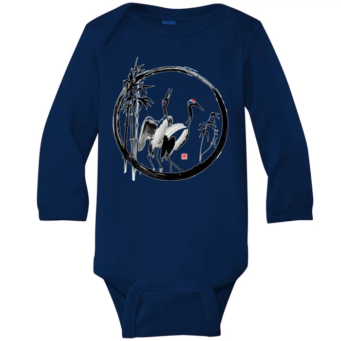 Japanese Ink Painting Cranes Bamboo Birds Baby Long Sleeve Bodysuit