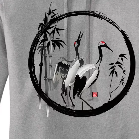 Japanese Ink Painting Cranes Bamboo Birds Women's Pullover Hoodie