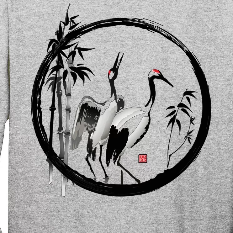 Japanese Ink Painting Cranes Bamboo Birds Tall Long Sleeve T-Shirt