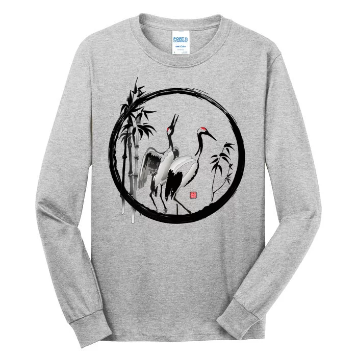 Japanese Ink Painting Cranes Bamboo Birds Tall Long Sleeve T-Shirt