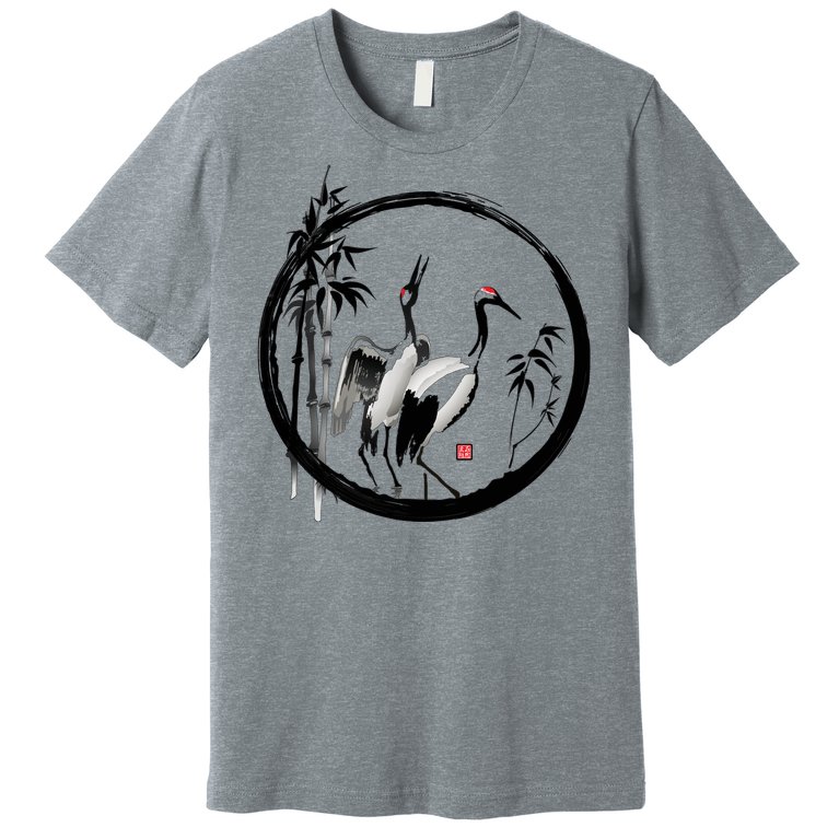 Japanese Ink Painting Cranes Bamboo Birds Premium T-Shirt