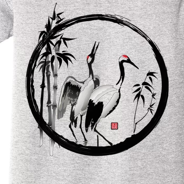 Japanese Ink Painting Cranes Bamboo Birds Baby Bodysuit