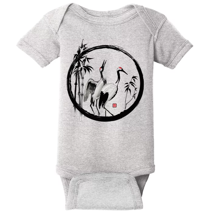 Japanese Ink Painting Cranes Bamboo Birds Baby Bodysuit