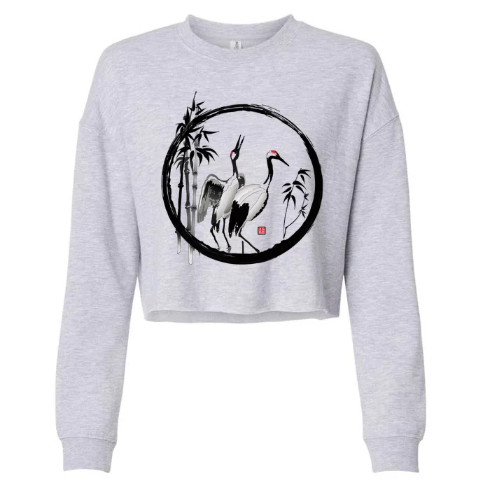 Japanese Ink Painting Cranes Bamboo Birds Cropped Pullover Crew