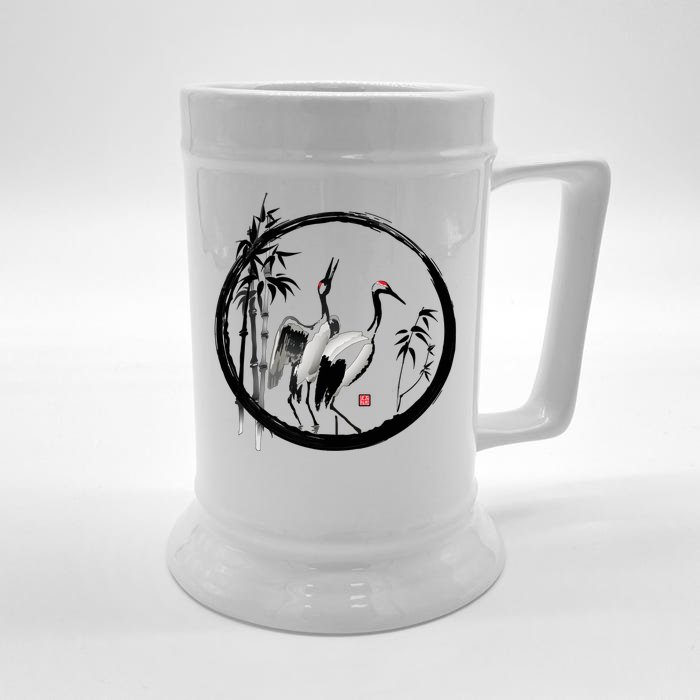 Japanese Ink Painting Cranes Bamboo Birds Front & Back Beer Stein