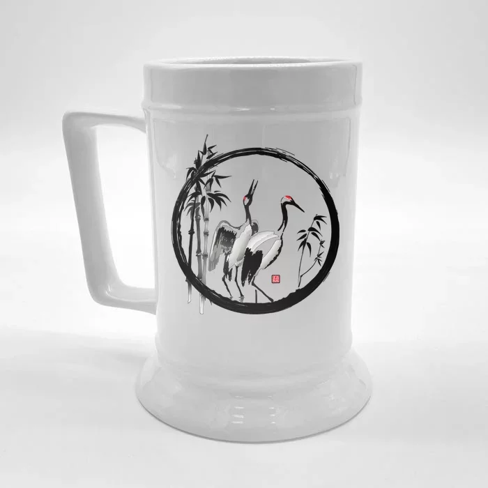 Japanese Ink Painting Cranes Bamboo Birds Front & Back Beer Stein