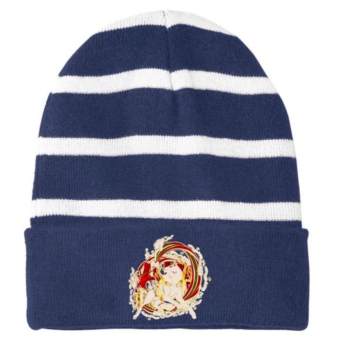 Japanese Mythology Okami Wolf Striped Beanie with Solid Band