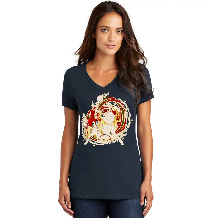 Japanese Mythology Okami Wolf Women's V-Neck T-Shirt