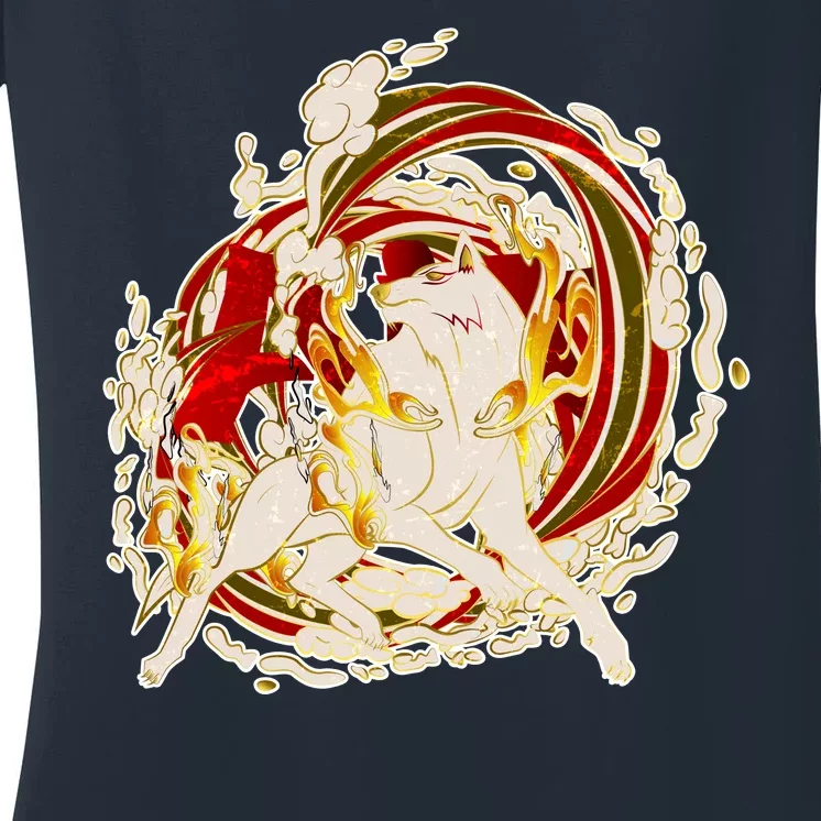 Japanese Mythology Okami Wolf Women's V-Neck T-Shirt