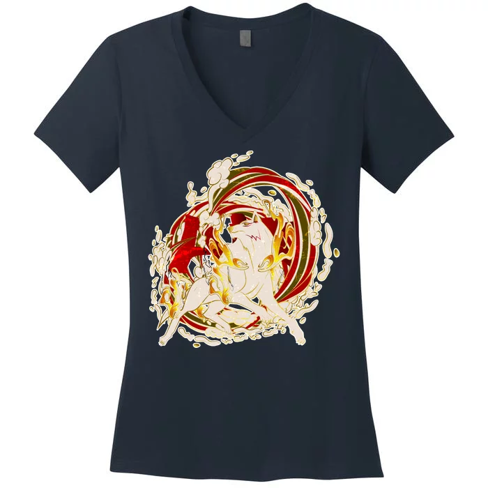 Japanese Mythology Okami Wolf Women's V-Neck T-Shirt