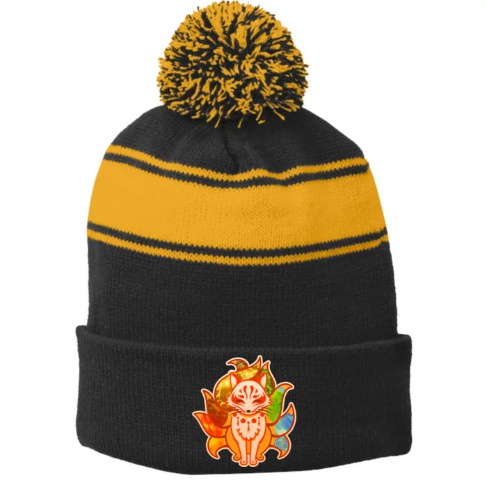 Japanese Nine Tails Kitsune Fox Elements Seasons Stripe Pom Pom Beanie