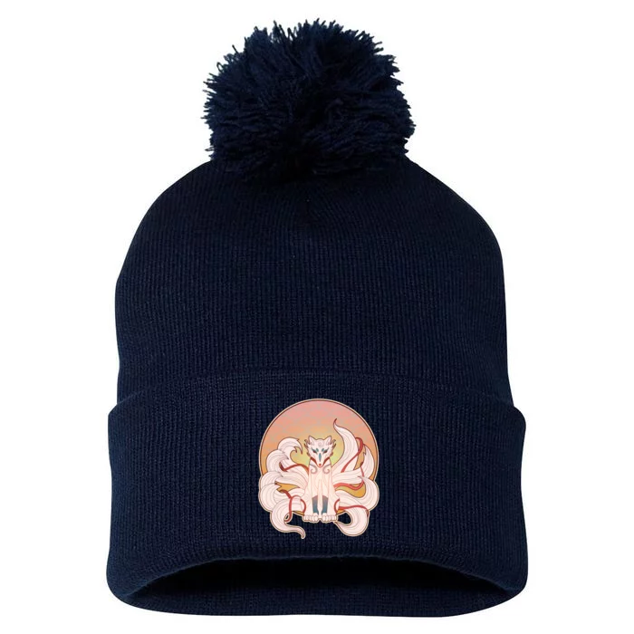 Japanese Nine Tails Kitsune Fox Emblem Pattern Pom Pom 12in Knit Beanie