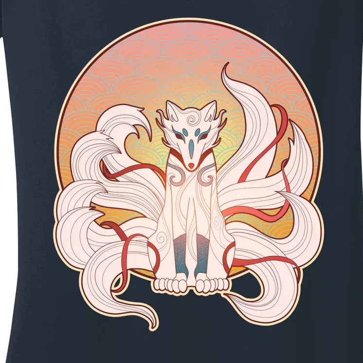 Japanese Nine Tails Kitsune Fox Emblem Pattern Women's V-Neck T-Shirt