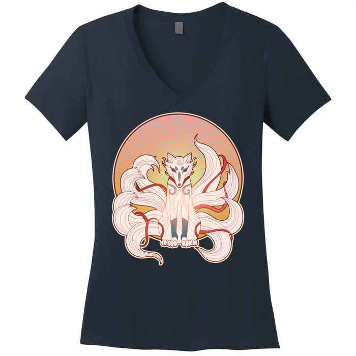 Japanese Nine Tails Kitsune Fox Emblem Pattern Women's V-Neck T-Shirt