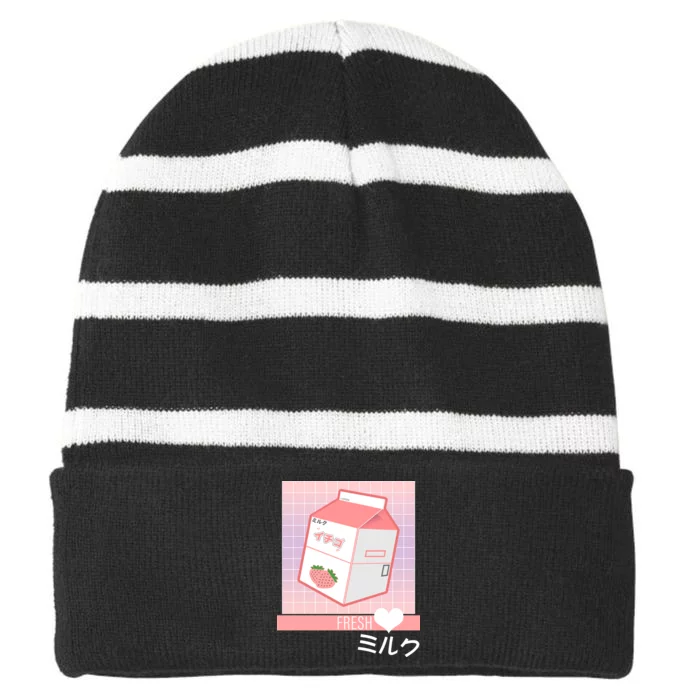 Japanese Vaporwave Strawberry Milk Box Striped Beanie with Solid Band