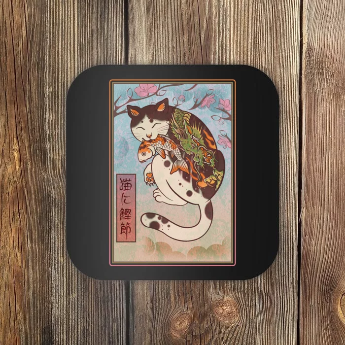 Japanese Woodblock Painting Tattooed Cat with Koi Coaster