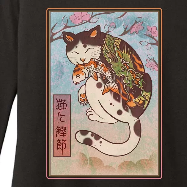 Japanese Woodblock Painting Tattooed Cat with Koi Womens CVC Long Sleeve Shirt