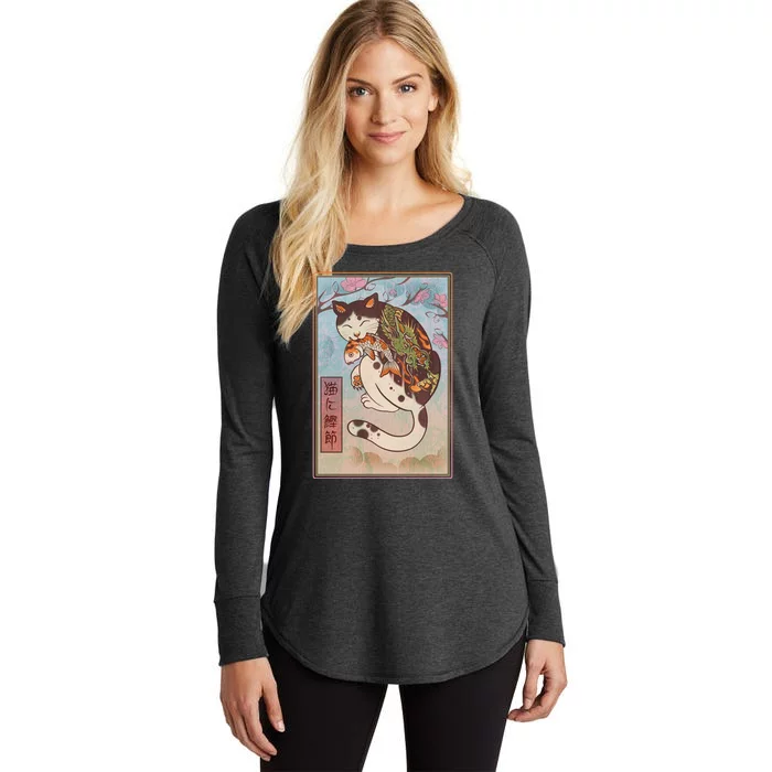 Japanese Woodblock Painting Tattooed Cat with Koi Women's Perfect Tri Tunic Long Sleeve Shirt