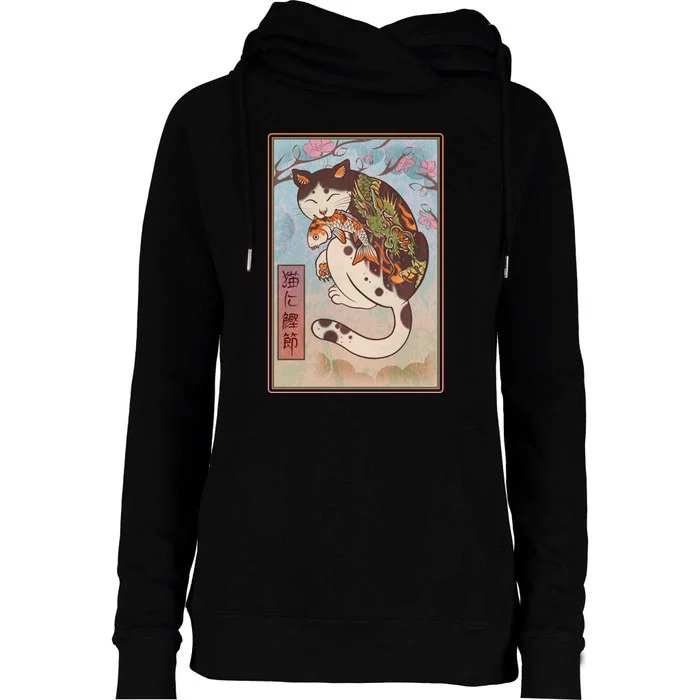 Japanese Woodblock Painting Tattooed Cat with Koi Womens Funnel Neck Pullover Hood