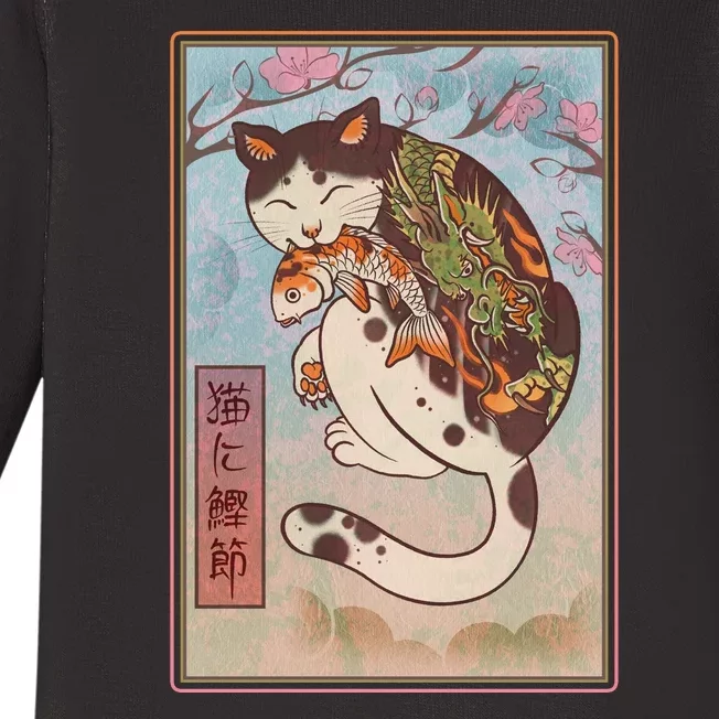 Japanese Woodblock Painting Tattooed Cat with Koi Baby Long Sleeve Bodysuit