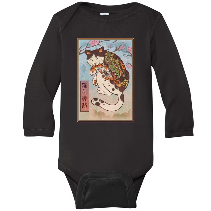 Japanese Woodblock Painting Tattooed Cat with Koi Baby Long Sleeve Bodysuit