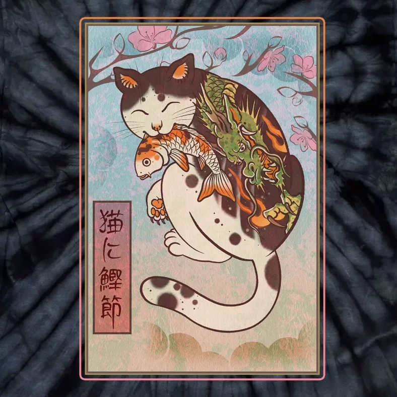 Japanese Woodblock Painting Tattooed Cat with Koi Tie-Dye T-Shirt