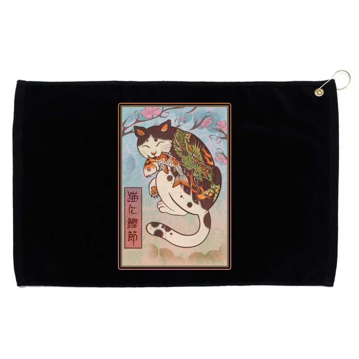 Japanese Woodblock Painting Tattooed Cat with Koi Grommeted Golf Towel