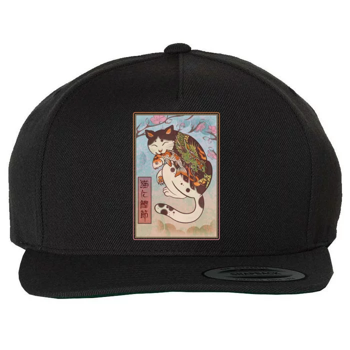 Japanese Woodblock Painting Tattooed Cat with Koi Wool Snapback Cap