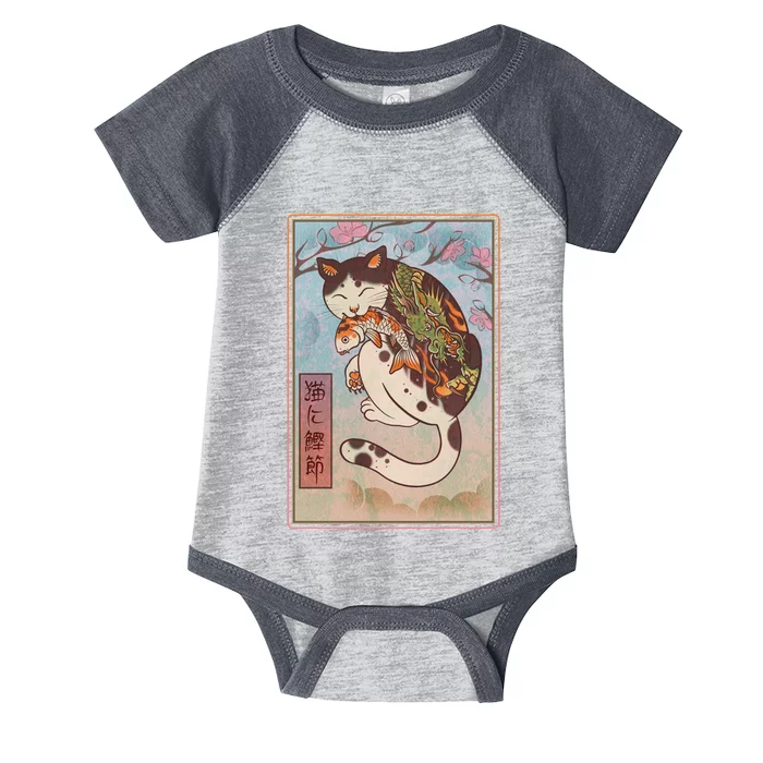 Japanese Woodblock Painting Tattooed Cat with Koi Infant Baby Jersey Bodysuit