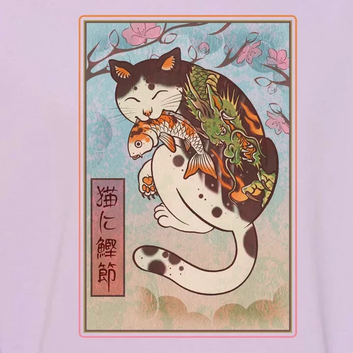 Japanese Woodblock Painting Tattooed Cat with Koi Garment-Dyed Sweatshirt