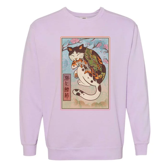 Japanese Woodblock Painting Tattooed Cat with Koi Garment-Dyed Sweatshirt