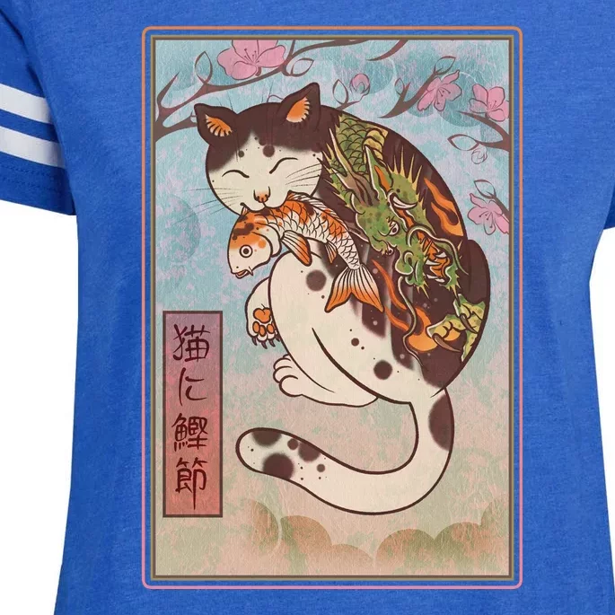 Japanese Woodblock Painting Tattooed Cat with Koi Enza Ladies Jersey Football T-Shirt